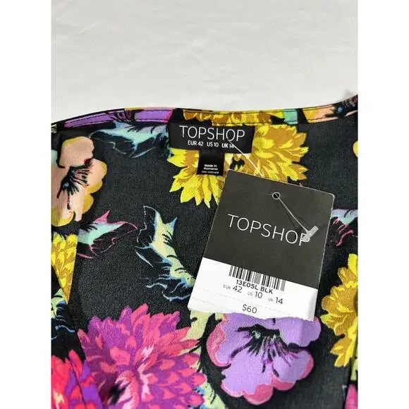 Topshop Floral Wrap Blouse Womens Size 10 Black Yellow Preppy Classic NWT - Picture 8 of 12